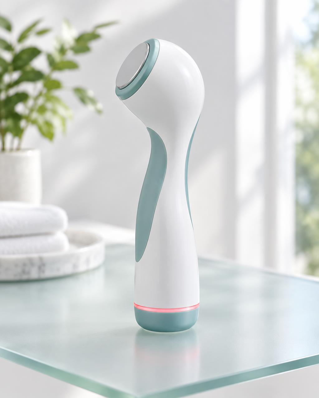 Sculpiflex handheld body-sculpting device with white body and teal accents, resting on a frosted glass surface